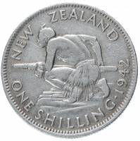(1942) Монета Новая Зеландия 1942 год 1 шиллинг "Воин с копьем"  Серебро Ag 500  XF