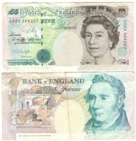  Банкнота Великобритания 1990 год 5 фунтов Елизавета II Джордж Стефенсон   VF