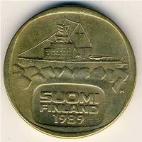 1989 Монета Финляндия 1989 год 5 марок Ледокол Урхо Латунь  XF