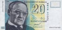 (1993) Банкнота Финляндия 1993 год 20 марок "Вяйнё Линна" Ollila - Heinonen  UNC