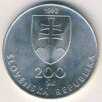 () Монета Словакия 1993 год 200  ""   Биметалл (Серебро - Ниобиум)  UNC