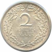 (1925f) Монета Германия Веймарская республика 1925 год 2 марки   Ветки дуба  VF