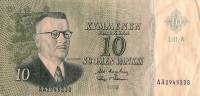 (1963 Litt A) Банкнота Финляндия 1963 год 10 марок  Karjalainen - Makinen  UNC
