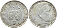 1936f Монета Германия 1936 год 5 марок Пауль Гинденбург Без свастики Серебро Ag 900  XF