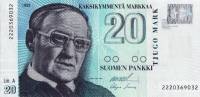 (1993 Litt A) Банкнота Финляндия 1993 год 20 марок "Вяйнё Линна" Ollila - Levo  UNC
