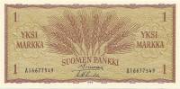 Банкнота Финляндия 1963 год 1 марка Колосья Simonen - Luukka  UNC