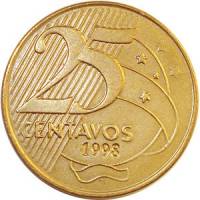  Монета Бразилия 1998 год 25     Сталь-Латунь  UNC