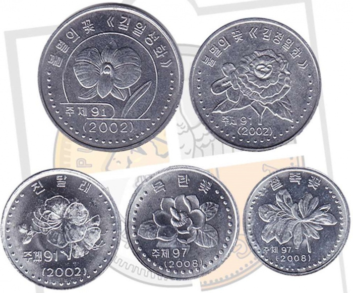 (2002, 5 монет) Набор монет Северная Корея 2002 год &quot;Цветы&quot;   UNC