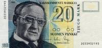 (1993) Банкнота Финляндия 1993 год 20 марок "Вяйнё Линна" Sorsa - Heinonen  UNC