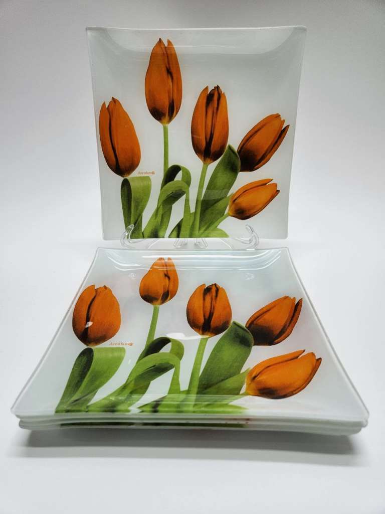 Тарелки 6 штук квадратные стекло Тюльпаны Arcofam