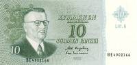(1963 Litt A) Банкнота Финляндия 1963 год 10 марок  Karjalainen - Lindblom  UNC