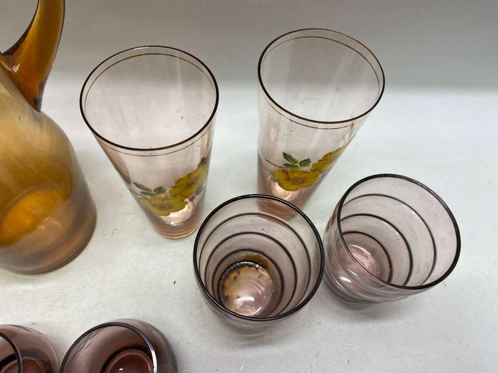 Стакан 6 шт и кувшин, цветное стекло