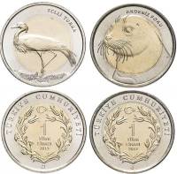 2013 2 монеты по 1 лире Набор Турция Красная книга Тюлень Журавль    UNC