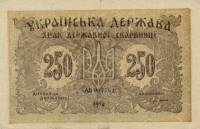 АВ Выс № 3мм Банкнота Украина Украинская Республика УНР 1918 год 250 карбованцев  ВЗ звёзды  XF