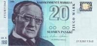 (1993 Litt A) Банкнота Финляндия 1993 год 20 марок "Вяйнё Линна" Holkeri - Heinonen  UNC