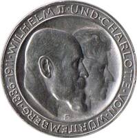 1911F Монета Германия Вюртемберг 3 марки Вильгельм II и Шарлотта 25 лет  Серебро Ag 900  XF