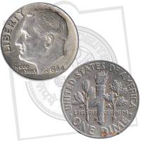 1964d Монета США 10 центов 1. Серебро Франклин Делано Рузвельт Серебро Ag 900  VF