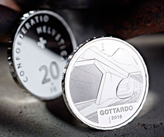 Готардский базисный тоннель, 20 швейцарских франков, серебряная монета