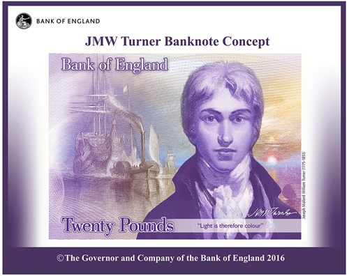 Марк Карни, председатель правления Банка Англии, заявил, что в 2020 году в обращение поступил новая банкнота номиналом 20 фунтов стерлингов. На ней будет изображён Уильям Тёрнер, британский живописец, романтик.