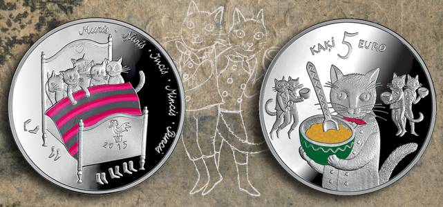 Пушистые героини сказочной повести «Пять кошек» латышского писателя Альберта Кроненберга украсили собой коллекционную монету в 5 евро эмитированную Банком Литвы