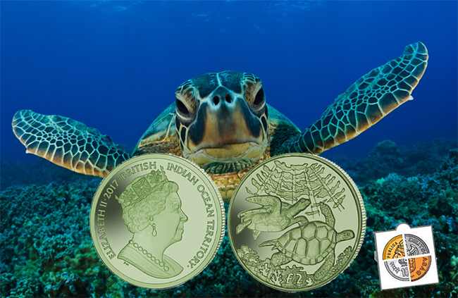 Океанские черепахи на зелёной монете из титана