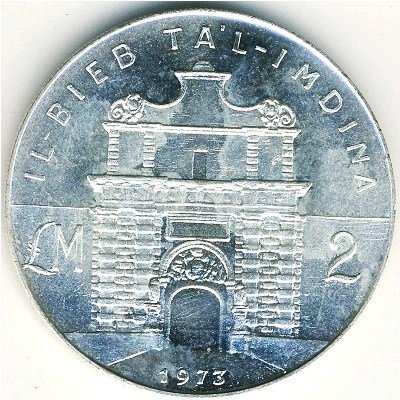 (1973) Монета Мальта 1973 год 2 фунта &quot;Ворота Иль Биенталь Имдина&quot;  Серебро Ag 987  UNC