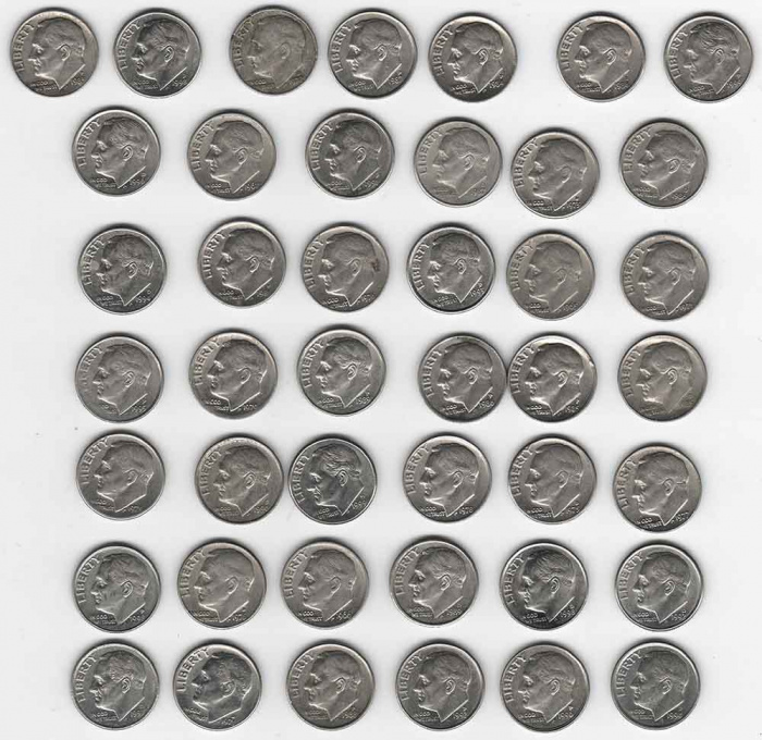 Набор монет США 10 центов (1 дайм) (43 монеты) 1965-99 года (Все года и дворы разные) &quot;Рузвельт&quot;, VF