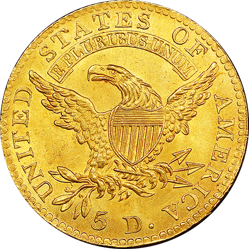 (1820, основание 2 волнистое, бол. буквы.) Монета США 1820 год 5 долларов  1. Большой диаметр Золото