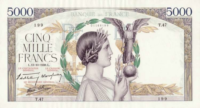 (№1938P-91) Банкнота Франция 1938 год &quot;5,000 Francs&quot;
