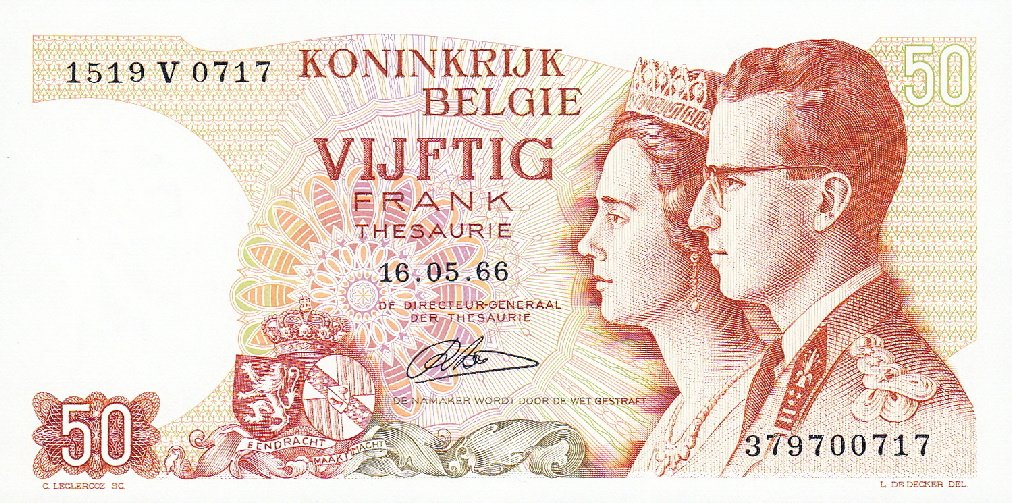 (1966) Банкнота Бельгия 1966 год 50 франков &quot;Бодуэн и Фабиола Свадьба&quot;   UNC