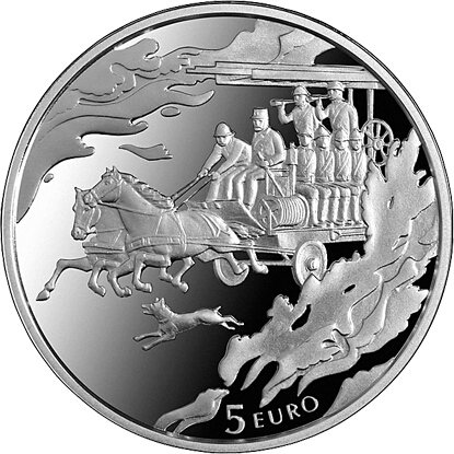 2015 Монета Латвия 2015 год 5 евро Пожарная охрана Латвии. 150 лет  Серебро Ag 925  PROOF