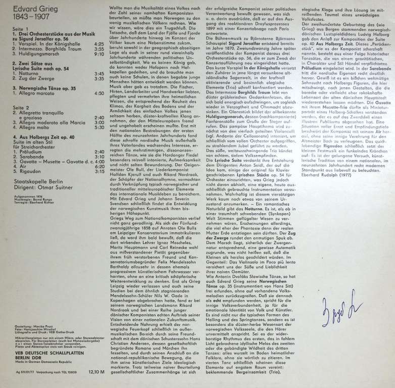 Пластинка виниловая Э. Григ StaatsKapelle Berlin. Otmar Suitner Мелодия 300 мм. Near mint