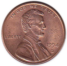 (1994d) Монета США 1994 год 1 цент   150-летие Авраама Линкольна, Мемориал Линкольна Латунь  VF