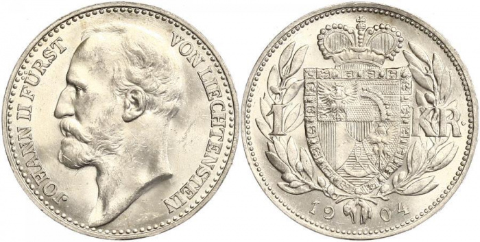 (1915) Монета Лихтенштейн 1915 год 1 крона &quot;Иоганн II&quot;  Серебро Ag 835  UNC