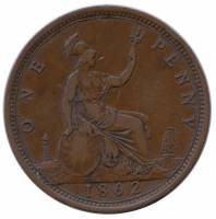 (1862) Монета Великобритания 1862 год 1 пенни "Королева Виктория"  Бронза  VF