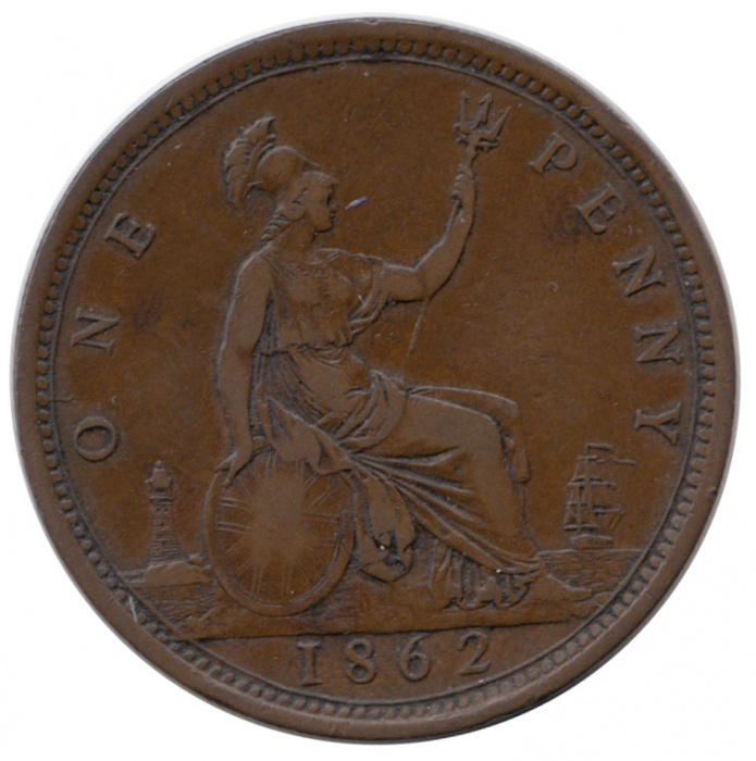 (1862) Монета Великобритания 1862 год 1 пенни &quot;Королева Виктория&quot;  Бронза  VF