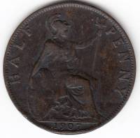 Монета Англия 1/2 пенни 1907 год "Портрет Короля Великобритании Эдварда VII. Сидящая Британия - перс