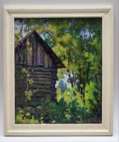 Картина Тулаев В. Н. 1982 г. Летний день дом в деревне пейзаж в раме масло картон 36х30 см