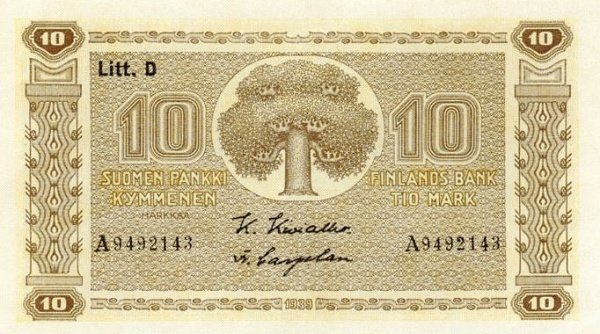 (1939 Litt D) Банкнота Финляндия 1939 год 10 марок  Kivialho - Carpelan  UNC