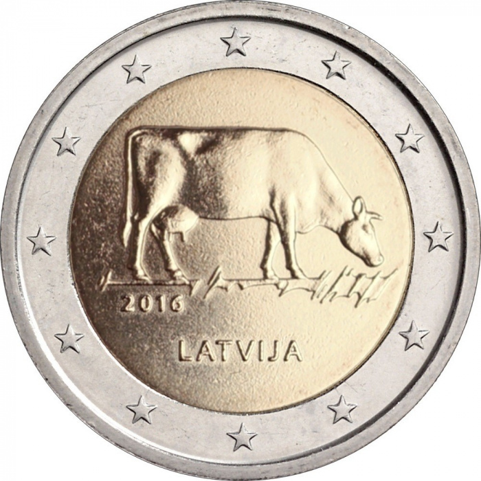 (005) Монета Латвия 2016 год 2 евро &quot;Корова&quot;  Биметалл  UNC