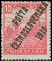 (1919-137) Марка Чехословакия "Жнец (Красная)"    Марки Австрии и Венгрии, с черной или синей печать