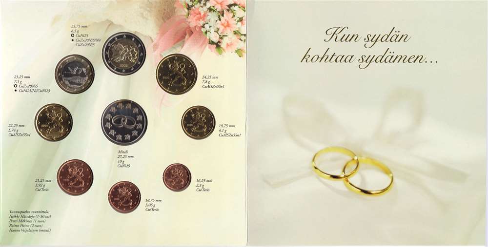 (2008 I, 8 монет + жетон) Набор монет Финляндия 2008 год &quot;Свадебный&quot;   Буклет