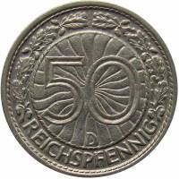 (1928d) Монета Германия (Веймар) 1928 год 50 пфеннингов   Никель  XF