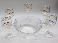 Салатник и 5 высоких бокалов с золотым рисунком стекло 