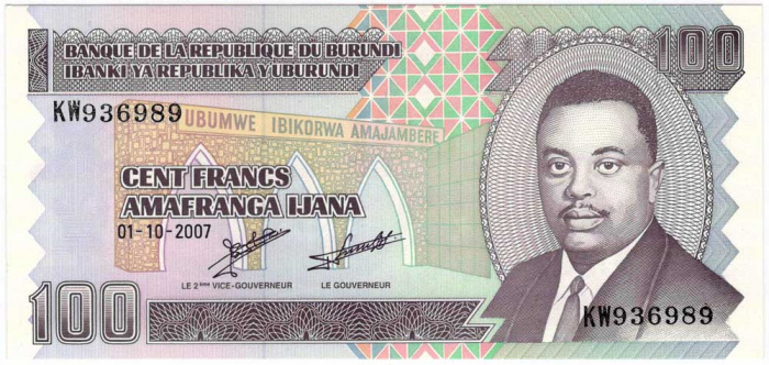 (2007) Банкнота Бурунди 2007 год 100 франков &quot;Луи Рвагасоре&quot;   UNC