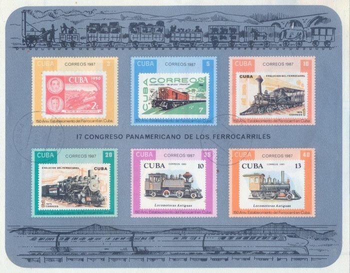 (1987-076) Блок марок  Куба &quot;Локомотивы&quot;    150 лет ЖД на Кубе III Θ