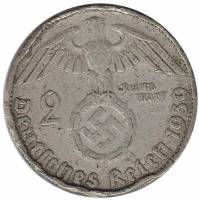 (1936) Монета Германия (Рейх) 1939 год 2 марки "Пауль Гинденбург"  Свастика Серебро Ag 900  XF
