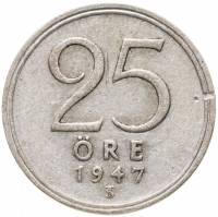 (1947) Монета Швеция 1947 год 25 эре   Серебро Ag 400  VF