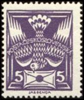 (1921-82) Марка Чехословакия "Почтовый голубь (Фиолетовая)"    Голубь с письмом (Стандартный выпуск)