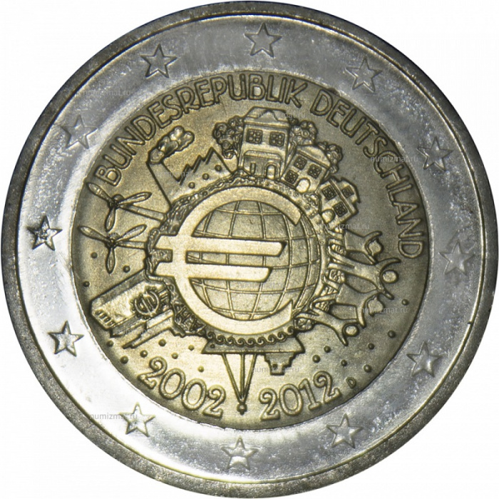 (009) Монета Германия (ФРГ) 2012 год 2 евро &quot;10 лет наличному обращению Евро&quot; Двор D Биметалл  UNC